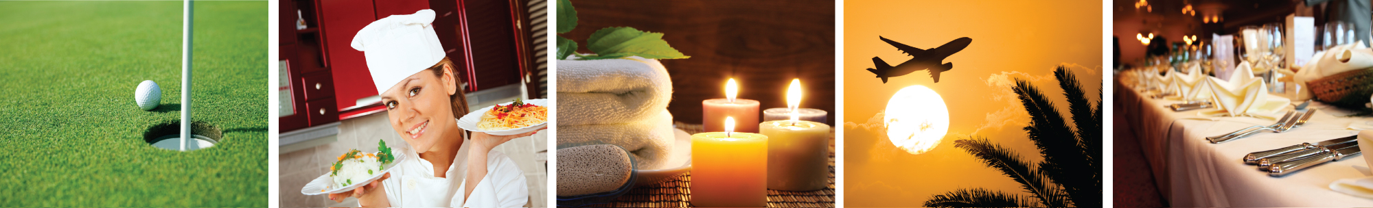 A single row of concierge services: golf, fine dining, spa, travel, and elegant dining
