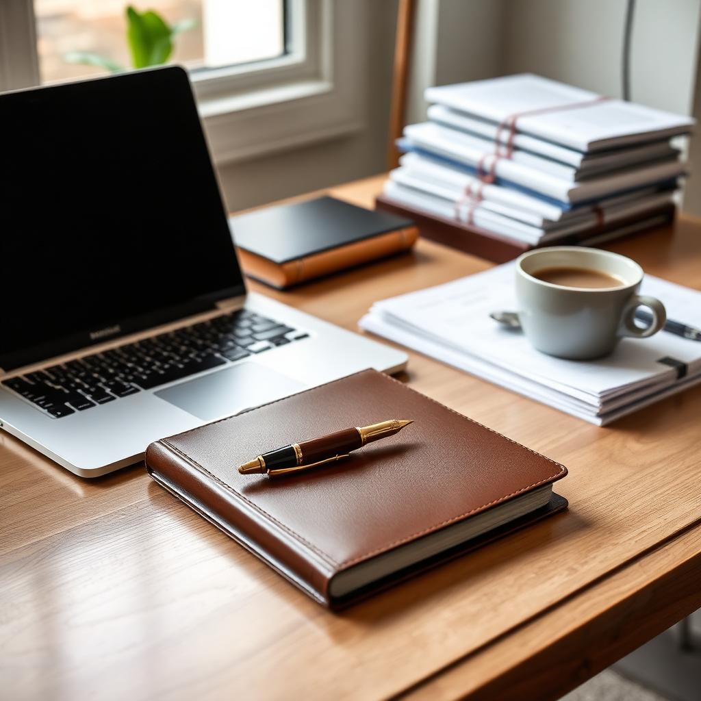 Elegant home office desk with laptop and leather notebook