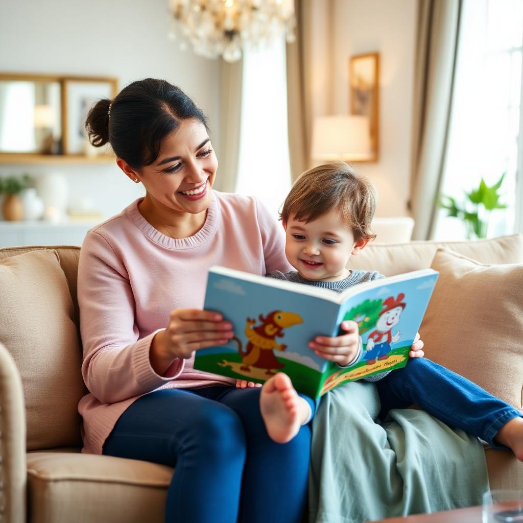Caregiver reading a picture book with a happy child
