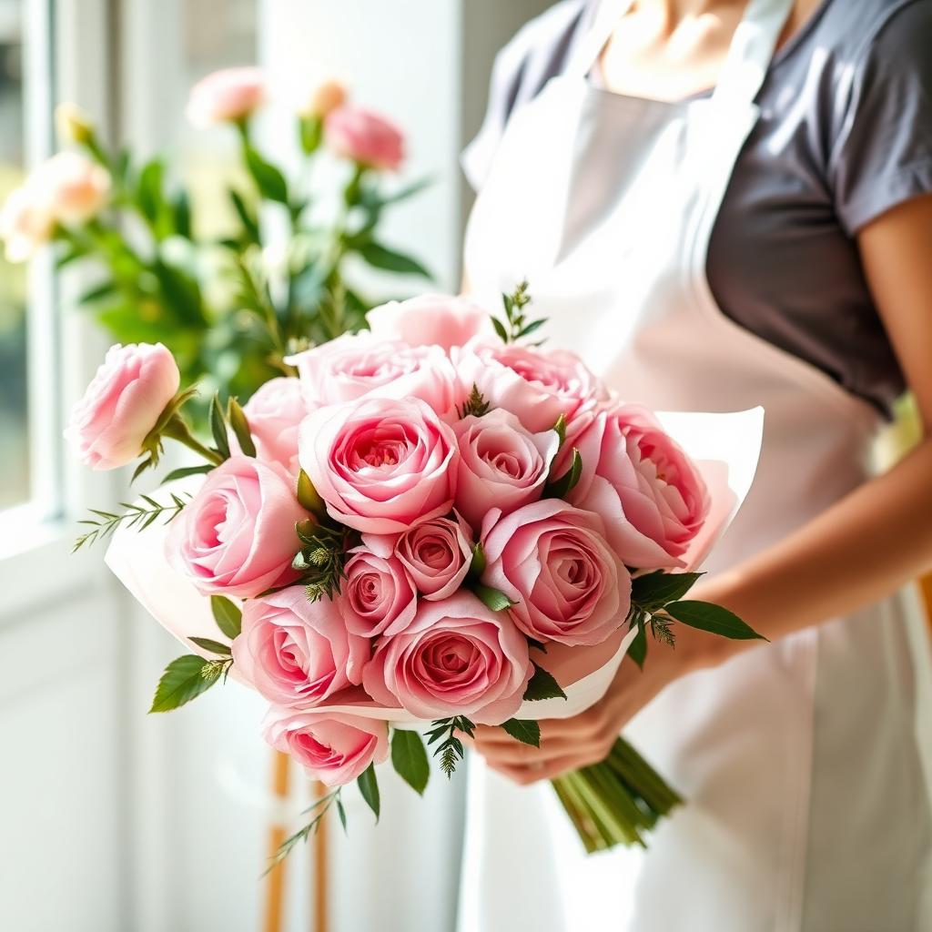 Florist holding a luxurious pink rose bouquet