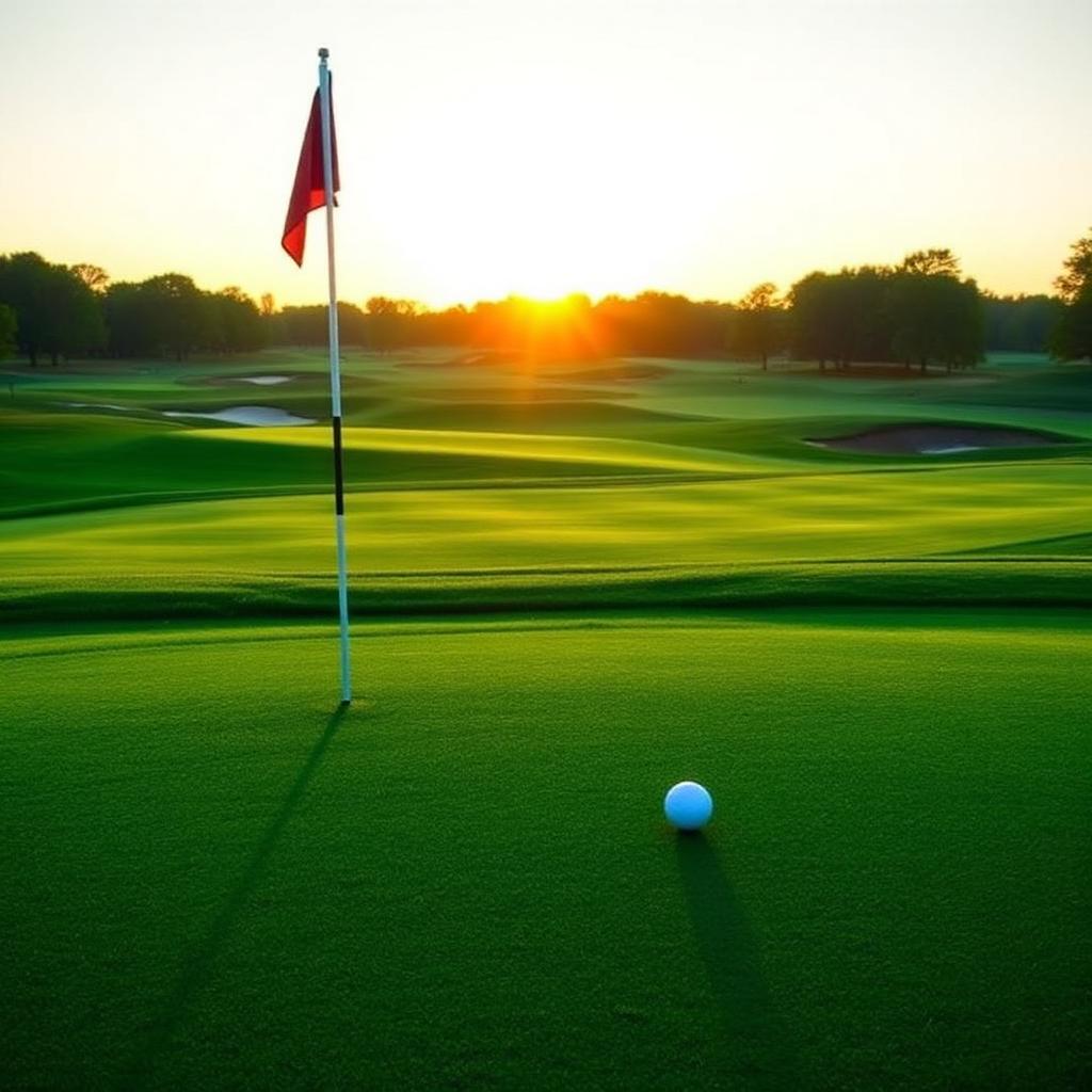 Pristine golf green with flag and ball at sunrise