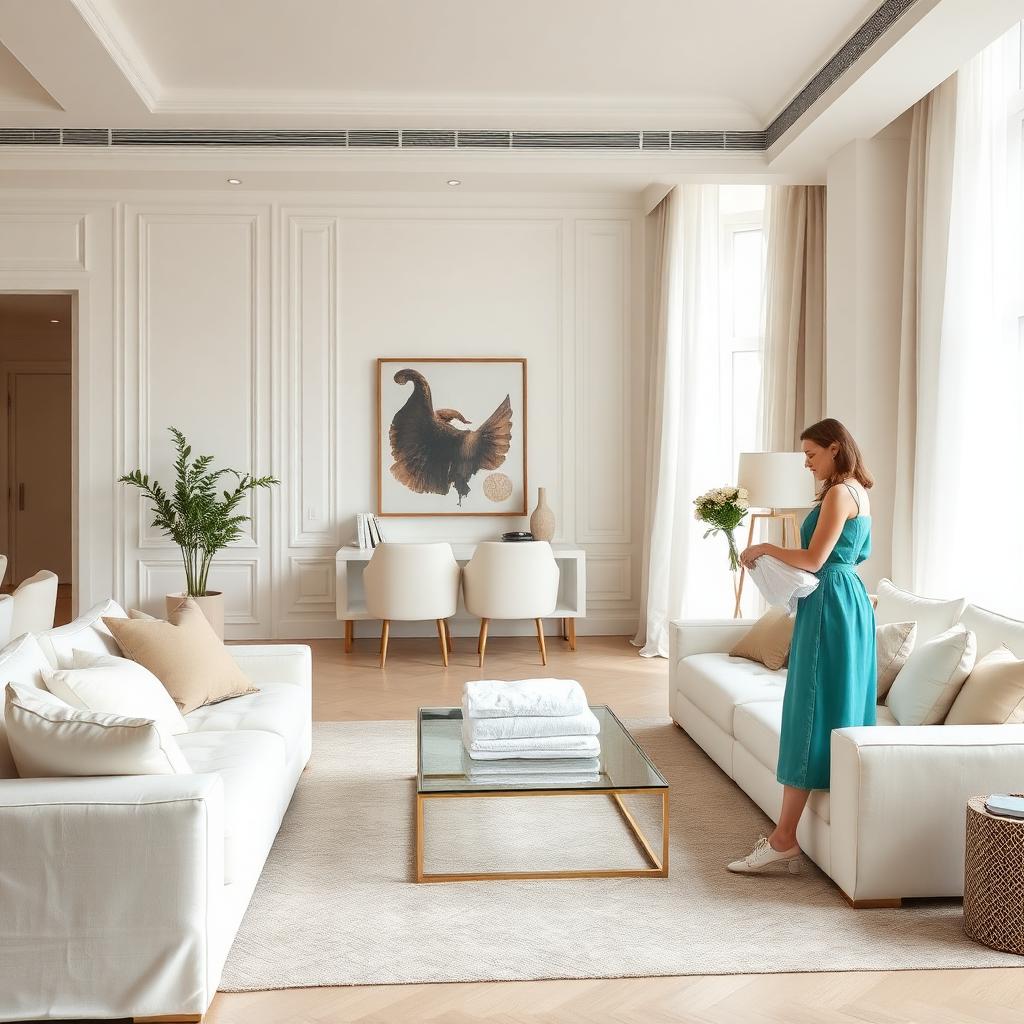 Housekeeper tidying a luxury condo living room