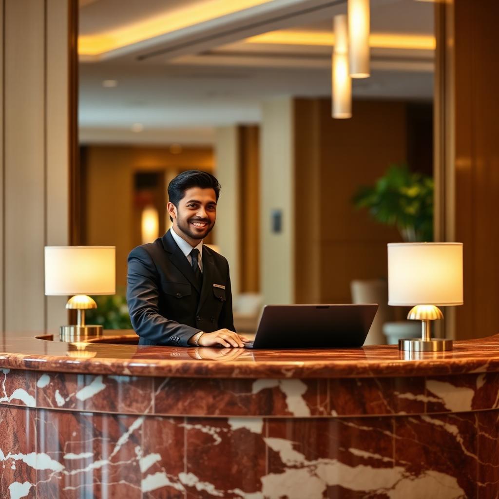 Smiling concierge at a marble lobby desk on the phone