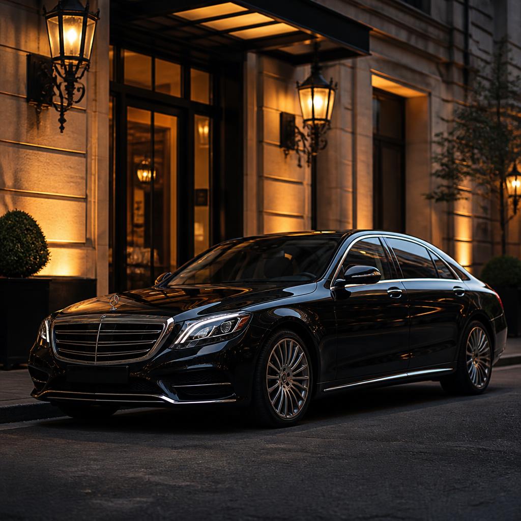 Black limousine parked outside an upscale building at dusk