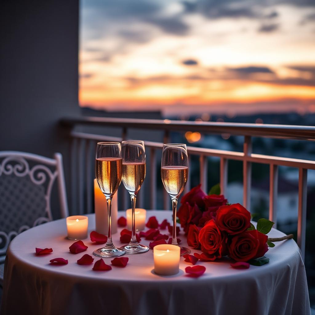 Romantic balcony table with champagne, candles and roses