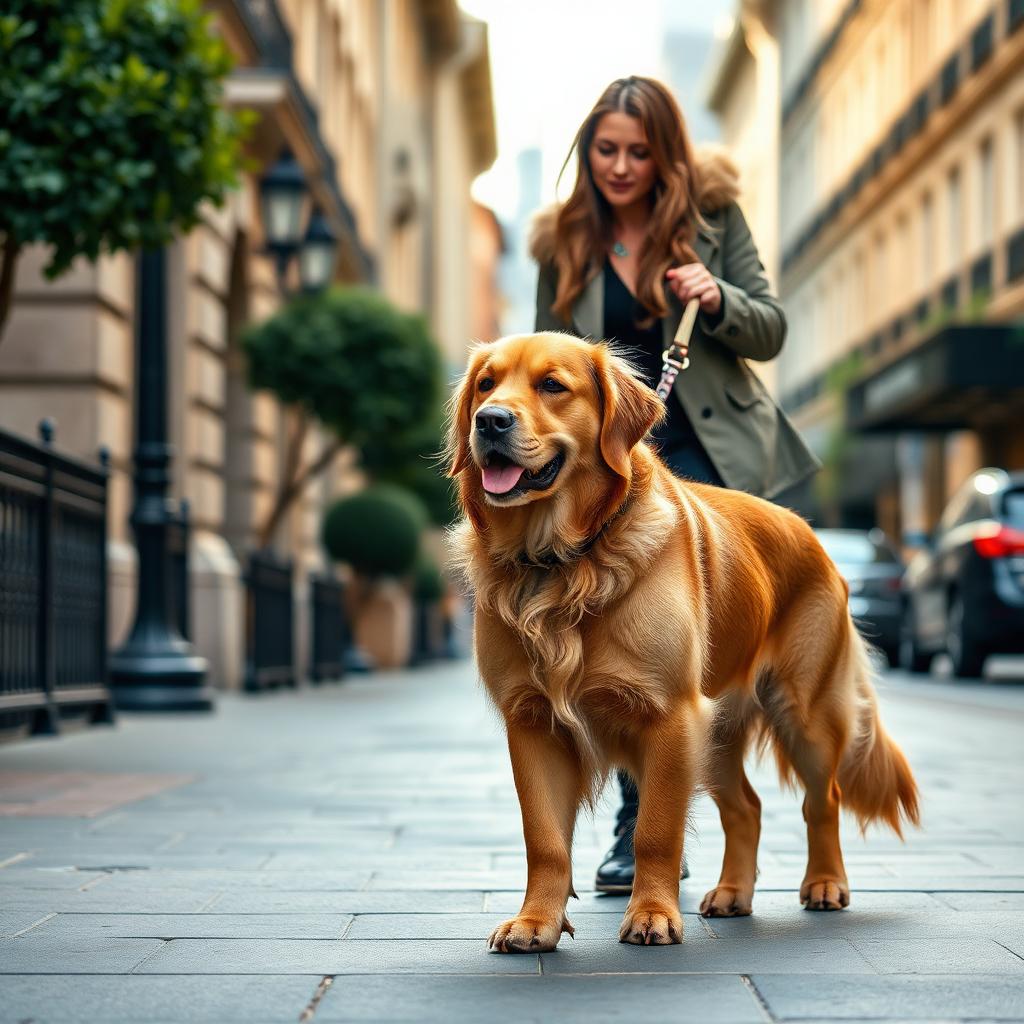 Professional pet walker with a golden retriever