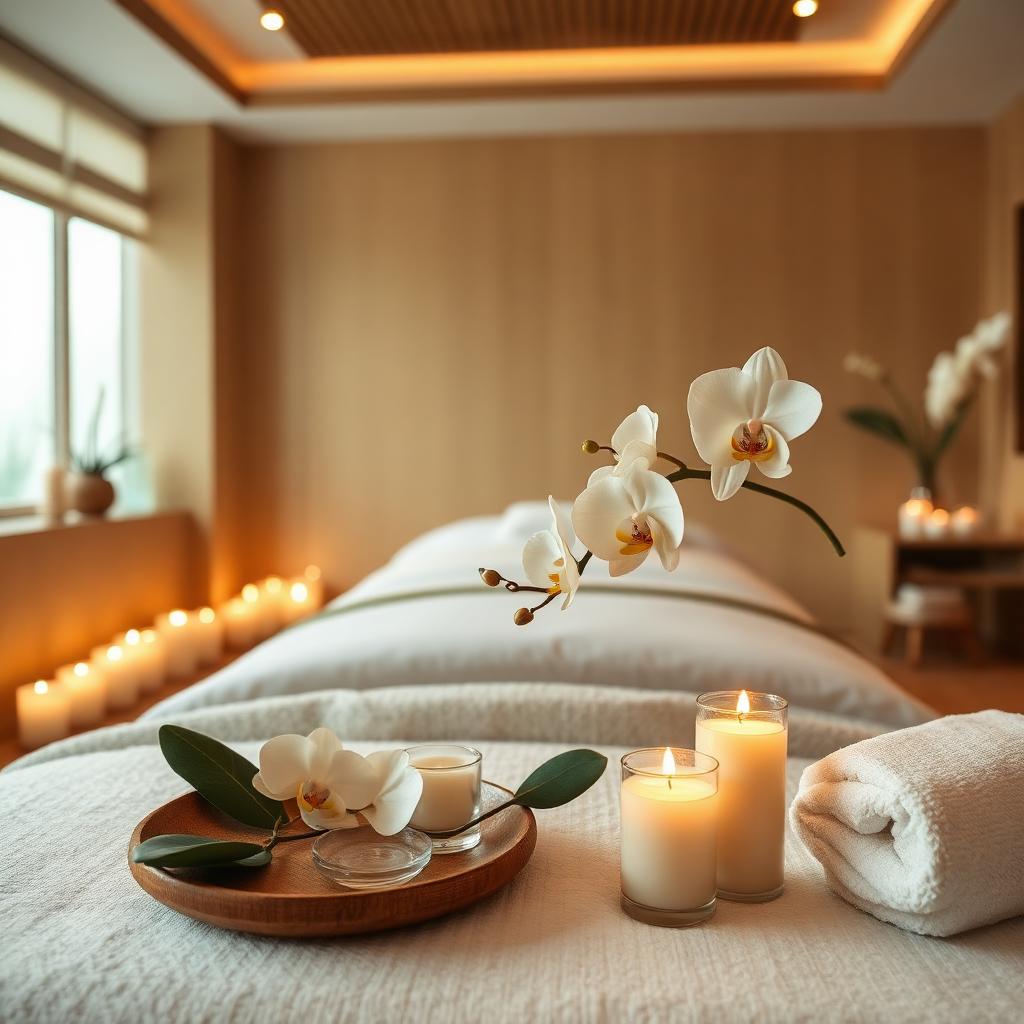 Tranquil spa treatment room with candles and orchid
